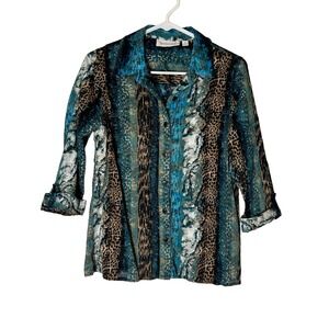 Breckenridge Womens Small Blue Animal Print Button Up Shirt 3/4 Roll Tab Sleeve